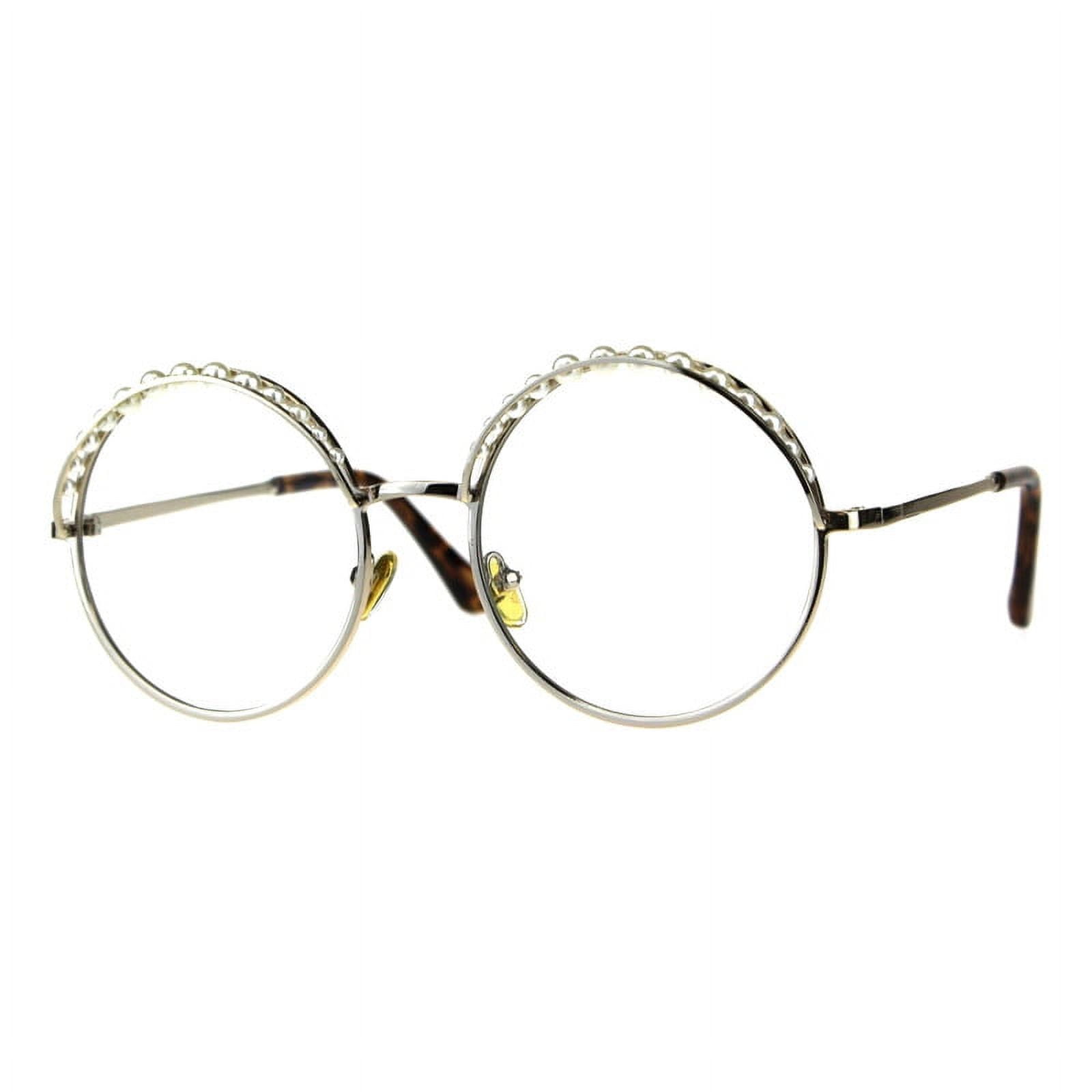 Women's Clear Lens Glasses Round Metal Frame With Pearls UV400 Gold