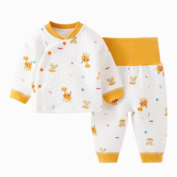 Baby Boy 2‑Piece Quilted Kimono Wrap Pajama Set with Cartoon Print,Newborn Sleepwear 0-3 Months