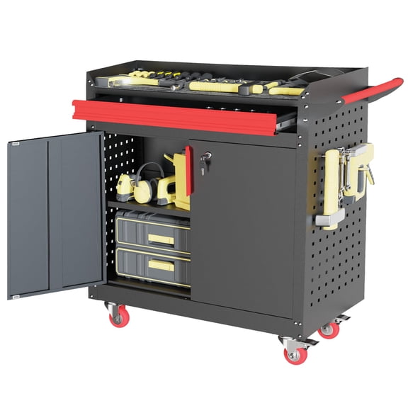 Black-red 35"H Metal Lockable Tool Cabinet With Wheels Pegboard And Handle