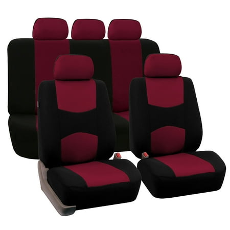 FH Group Universal Flat Cloth Fabric 5 Headrests Full Set Car Seat Cover, Burgundy and Black
