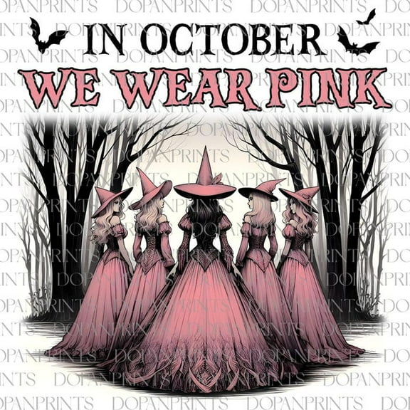 In October We Wear Pink PNG Png, Breast Cancer Awareness Png, Pink Halloween Witch Png, Retro Cancer Ribbon Png, Halloween Shirt Sublimation