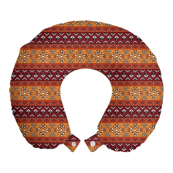 Tribal Travel Pillow Neck Rest, Maya Inspired Horizontal Esoteric Latin Inspired Geometric Pattern Print, Memory Foam Traveling Accessory Airplane and Car, 12", Ruby Apricot, by Ambesonne