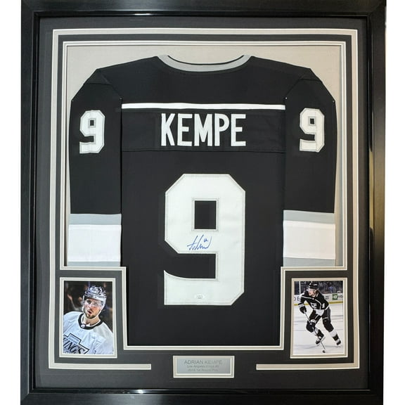 Framed Autographed/Signed Adrian Kempe 35x39 Los Angeles LA Black Hockey Jersey JSA COA