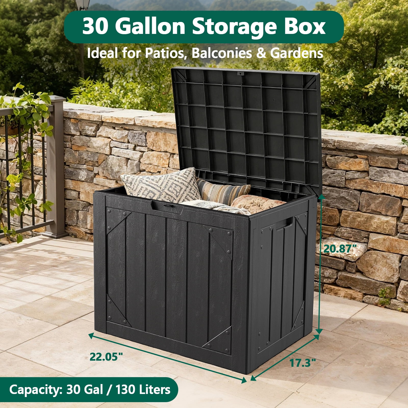 HaiCube 30 Gallon Lockable Resin Deck Box,Waterproof UV Resistant Outdoor Storage Bin with Lid for Patio,Garden & Pool Accessories,Black