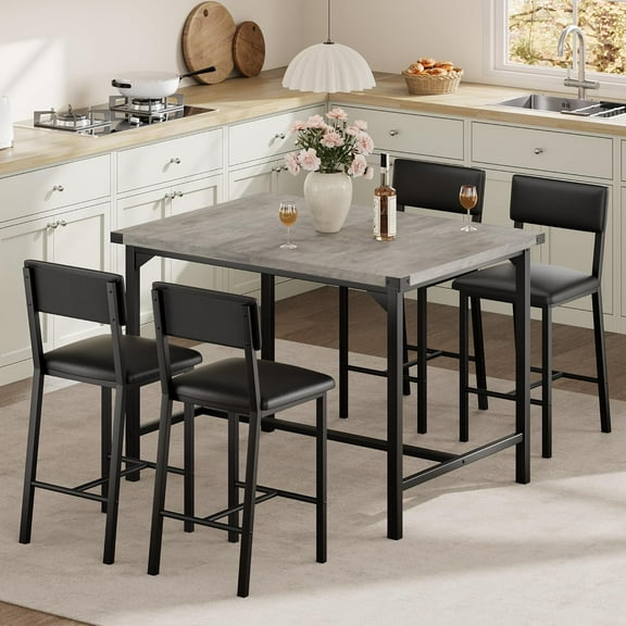 ChaoLink 5-Piece Dining Table Set for 4, Counter Height Table & 4 Upholstered Bar Stools, Footrest, Corner Protector