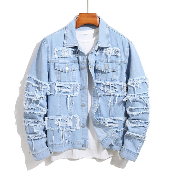 Reppunk Stylish Street Men Distressed Stacked Splicing Slim Denim Jacket Ripped Male Casual Jean Jacket Coat Menswear Tops Long Sleeve Beige Collar Collared Plain jackets jackets Pockets