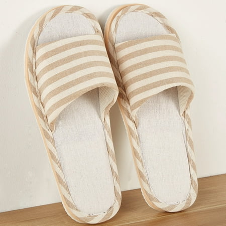 

Wavsuf Fuzzy Slippers for Women Casual Summer Striped Anti-slip Linen Home Beige Slippers Size 37