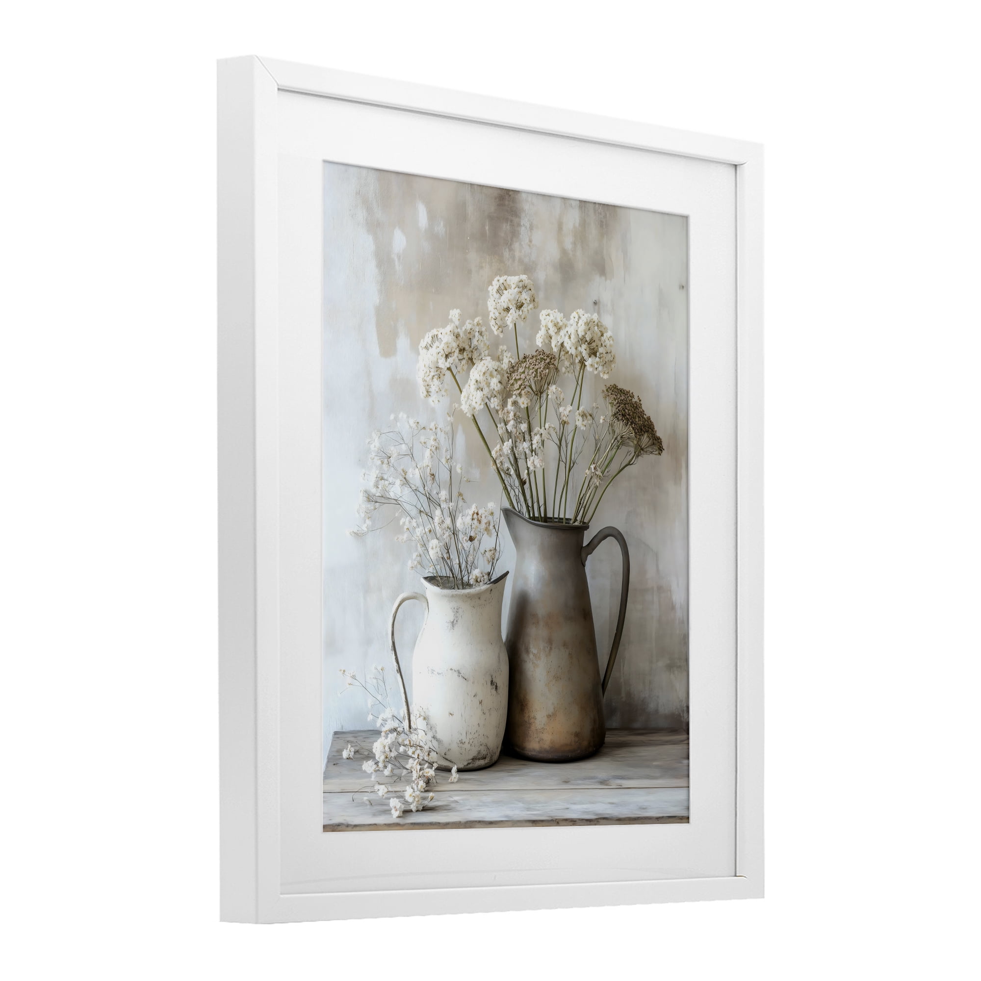 Stupell Industries Rustic Flower Arrangement in Pitchers White Framed Print Under Glass, design by Creative Studio