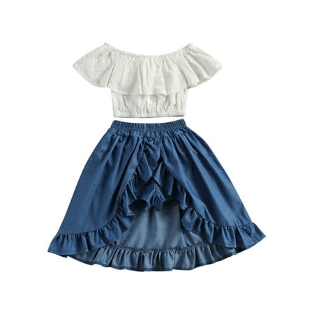 

Canrulo Lovely Toddler Baby Girls Clothes Off Shoulder Floral Print T Shirts Tops Ruffles Shorts Skirts 2pcs Sets Blue 1-2 Years