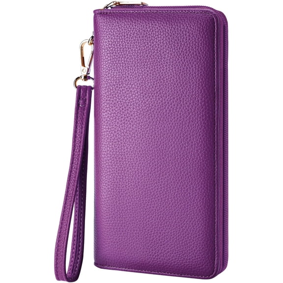 Women's Vegan Leather Clutch Wallet with Zip, Hand Strap, Large Capacity