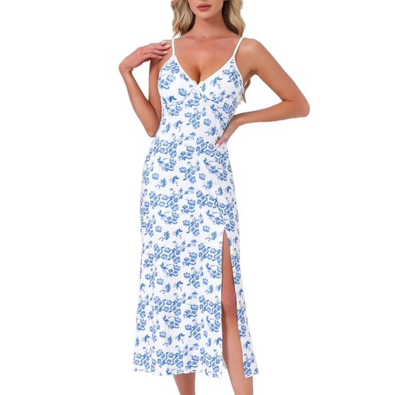 DARING DIVA Women's Sleeveless Bow Spaghetti Strap Sleepwear S White with Blue Floral