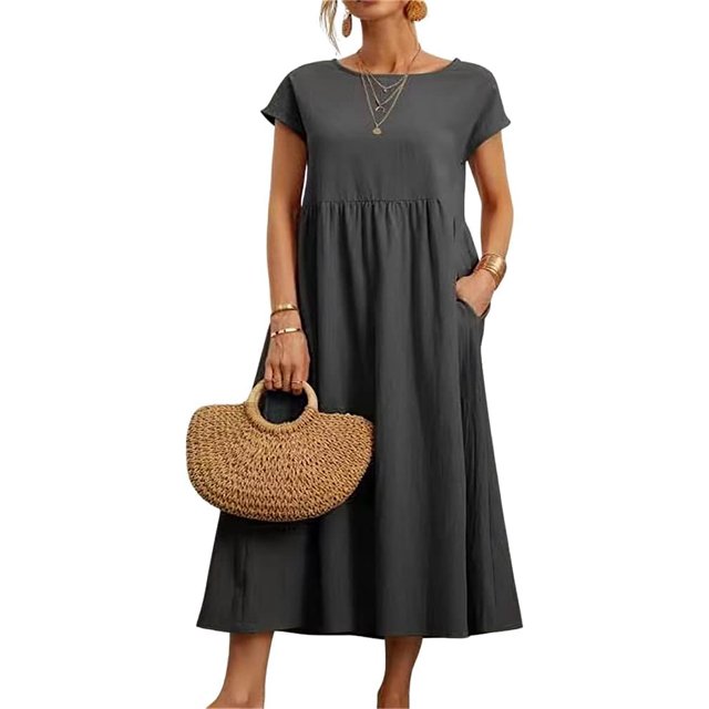 Robe de Plage Décontractée en Lin de Coton avec Poches