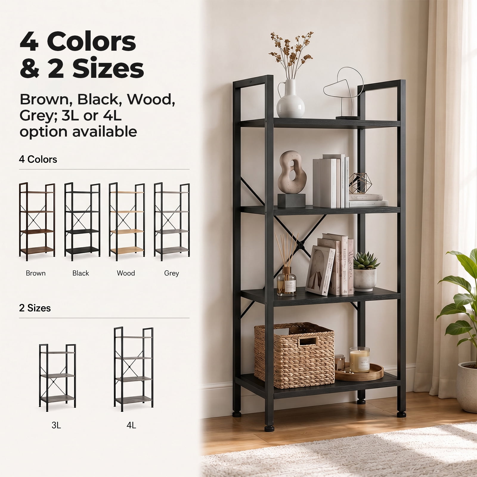 Alvantor 3/4-Tier Industrial Bookshelf, Narrow Storage Rack classical-style shelves for living rooms, homes, and offices