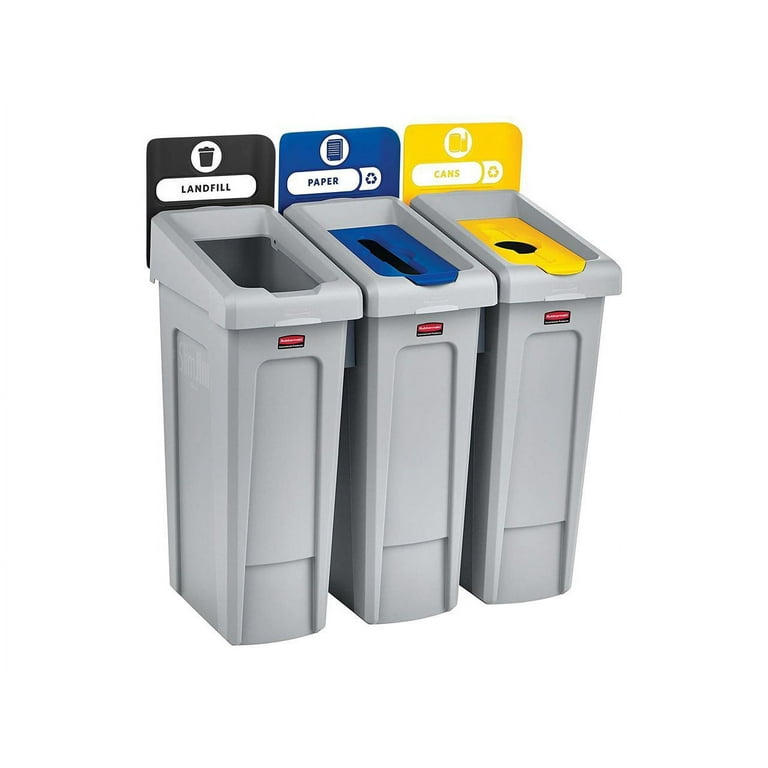 Rubbermaid Commercial Slim Jim Recycling Station Kit, 46gal, 2-Stream Landfill/Mixed Recycling