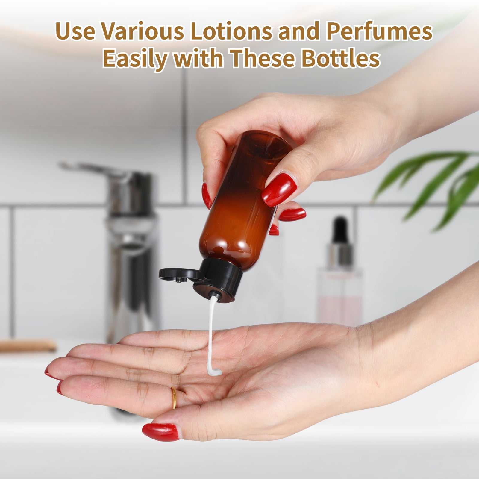 100 PCS 60ml Travel Bottles, Flip Cap Leak-Proof Brown Plastic Containers with Funnels, Refillable Toiletry Bottles for Shampoo & Lotion