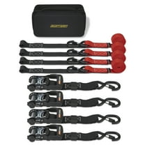 Ratchet Straps Heavy Duty Tie Downs, (4) 1.5"x 8' Heavy Duty Ratchet Strap with Integrated Soft Tie Hook, UTV Tie Down Straps, Motorcycle Tie Down Straps, Padded Handles & Coated Chromoly Hooks, Red