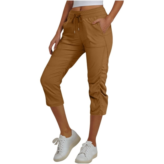 RYRJJ Women's Quick-Dry Capris Hiking Travel Pants Elastic Waist Drawstring Workout Pants with Pockets Lightweight Cropped Sweatpants(Brown,M)