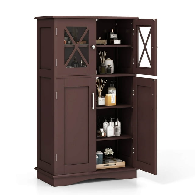 Costway Armoire de Rangement pour Salle de Bain Armoire à Linge avec Portes et Tablettes Ajustables Brun