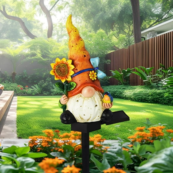 AVEKI Outdoor Garden Decor, Solar Garden Statue Lights Dwarf Figurine with Sunflower & Bird, Solar Powered Resin Sculpture with LED Light Art Decoration for Patio Lawn Yard Balcony (Orange)