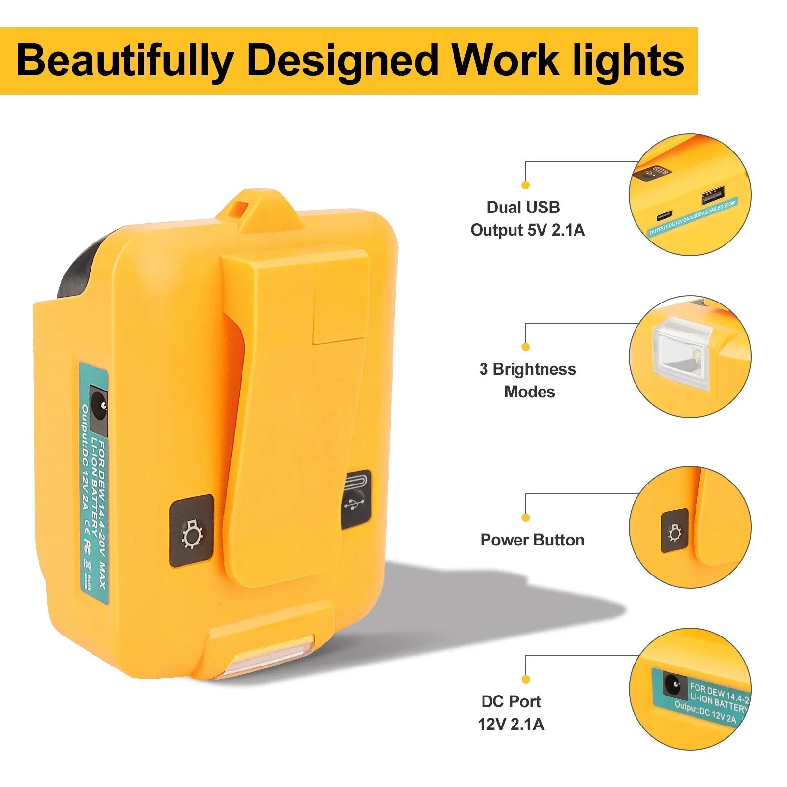 USB Power Charger Adapter Converter For Dewalt 18V 20V Type-C LED Work Light