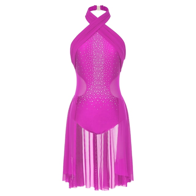 Hansber Women Cross Front Ruched Lyrical Dance Dress Rhinestone Backless Modern Ballroom Contemporary Dance Costumes F1032HotPink L
