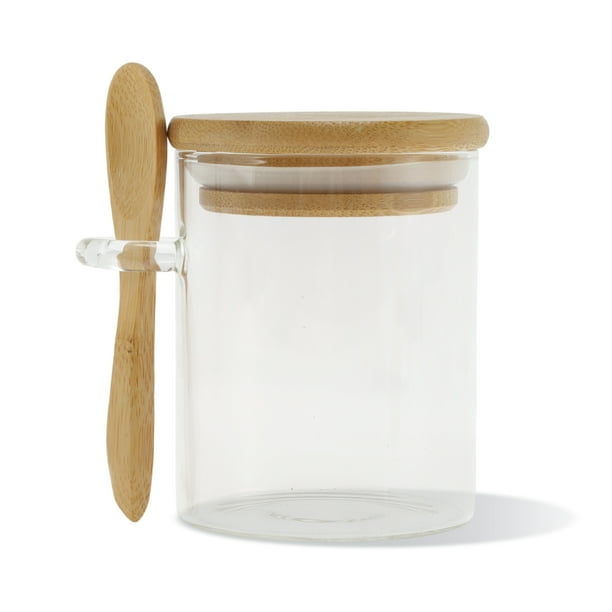 Tarros decorativos de Unique Bargains, 1 set, duraderos de 7.05oz con tapa de bambú y cuchara, tarros organizadores claros de 3.15" de altura, color madera claro