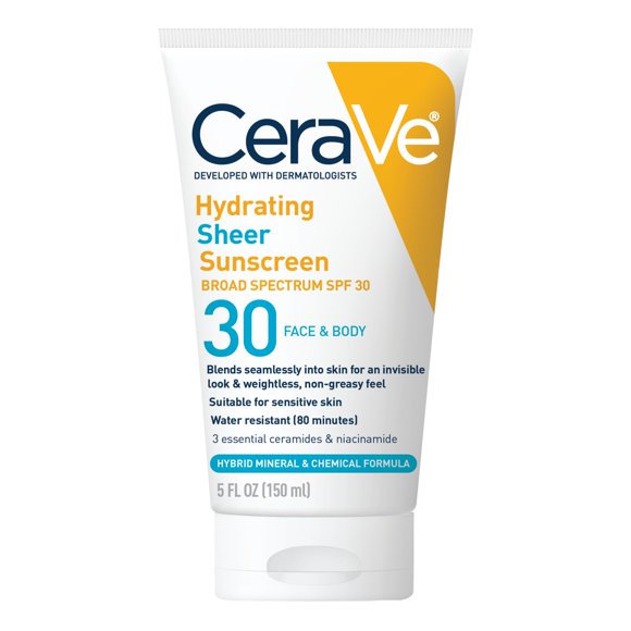Protector solar CeraVe Hydrating Sheer SPF 30 para rostro y cuerpo, 150 ml