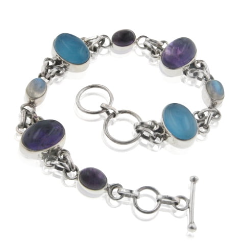Sterling Silver 8" Amethyst, Rainbow Moonstone, and Blue Chalcedony Toggle Bracelet by