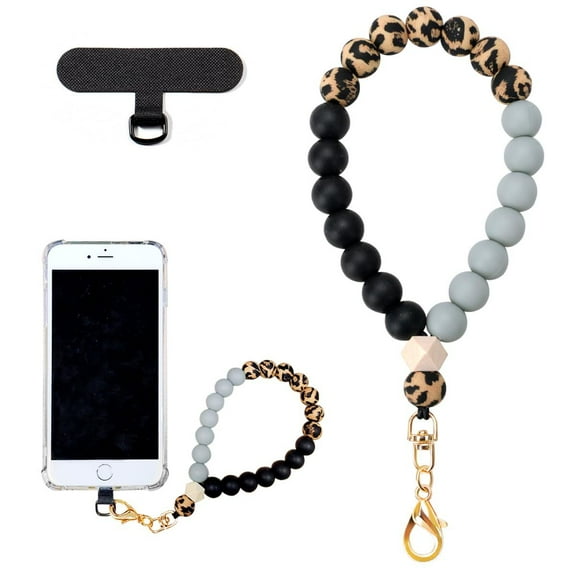 Marble Silicone Beaded Phone Wrist Strap, Cellphone Lanyard with Tether Tab, Elastic Hands-Free Wristlet Bracelet-Leopard Print