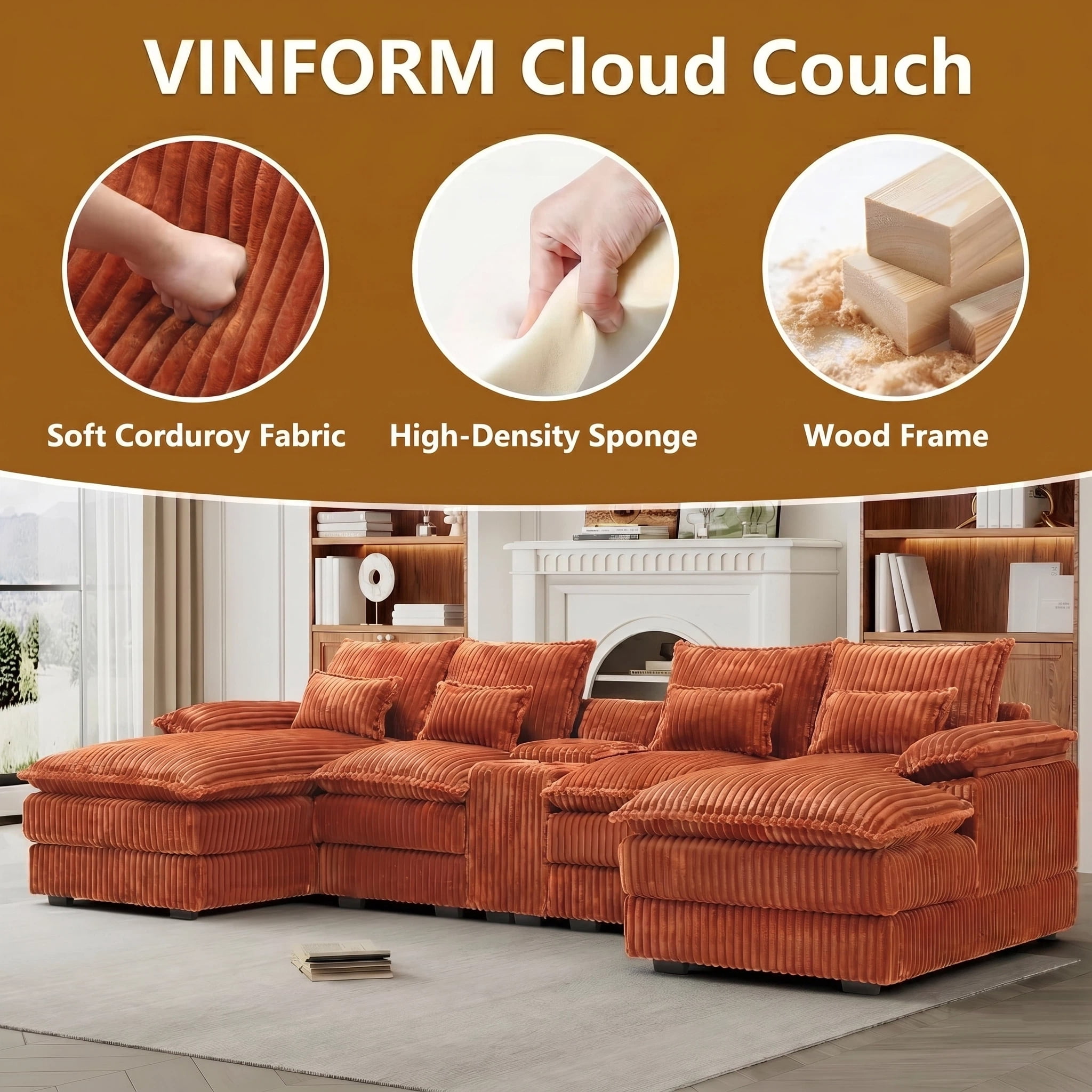 Vinform 124" U Shaped Cloud Couch Sectional with USB Charging, Hidden Storage, Cup Holders & Double Chaise, Orange