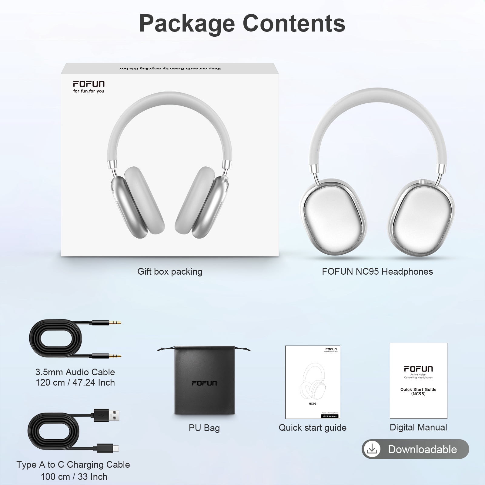 FOFUN NC95 Wireless Over Ear Headphones, Hybrid Active Noise Cancelling, Bluetooth 6.0 with Knob Control, 65H Playtime, App EQ Control, Hi-Res Audio, Comfort Fit for Travel and Workout