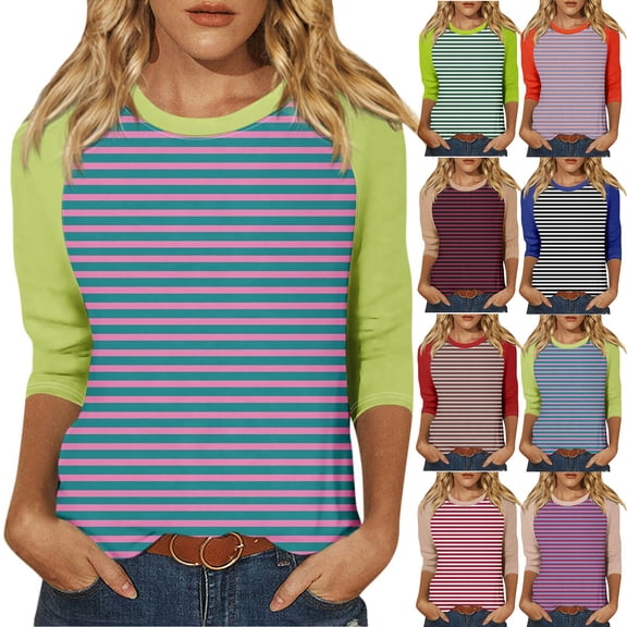 Xmyrz Women'S Tops Trendy Casual Striped 3/4 Length Sleeve Tee Loose Fit Crewneck Vacation T Shirt