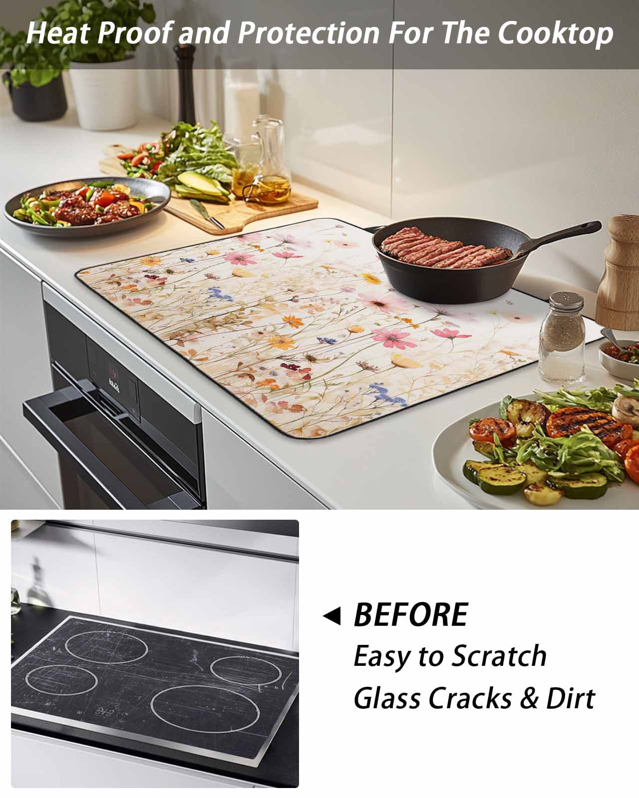 Stove Top Covers for Electric Stove, Spring Floral Glass Stovetop Cover Protector, Pastoral Botanical Summer Flowers Vintage Induction Cooktop Protector Oven Mat for Kitchen Countertop 24"x21"