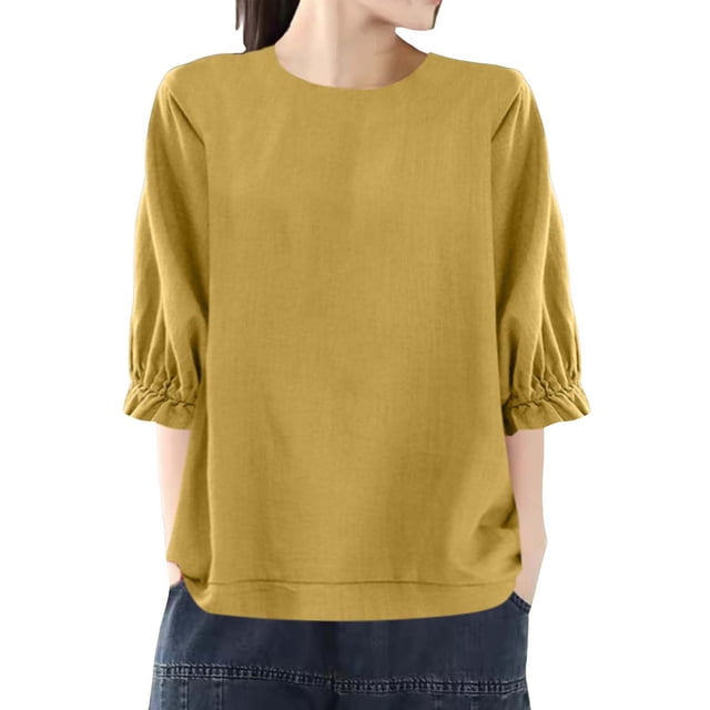 Yubnlvae Haut Jaune pour Femme, Coupe Ample, Col Rond, Grande Taille, Manches Cinq Points, m