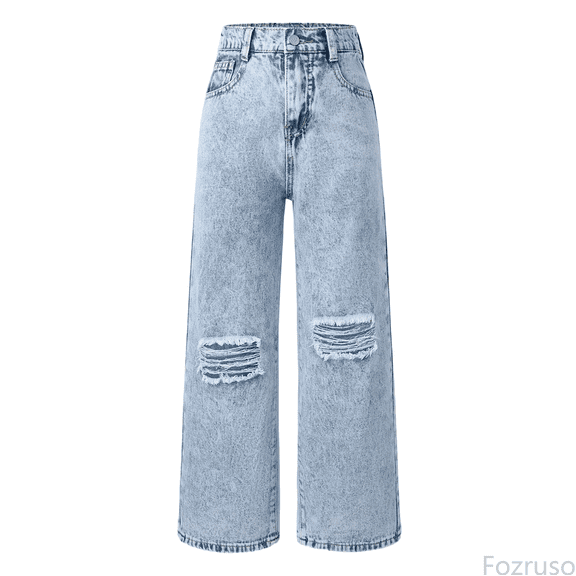 Fozruso Girls Twill Pants Distressed Snowflake Wash Wide Leg Jeans For Teen Girls Comfortable Stretch Denim Trousers With Ripped Details And Flared Fit Sizes 8-9 Years