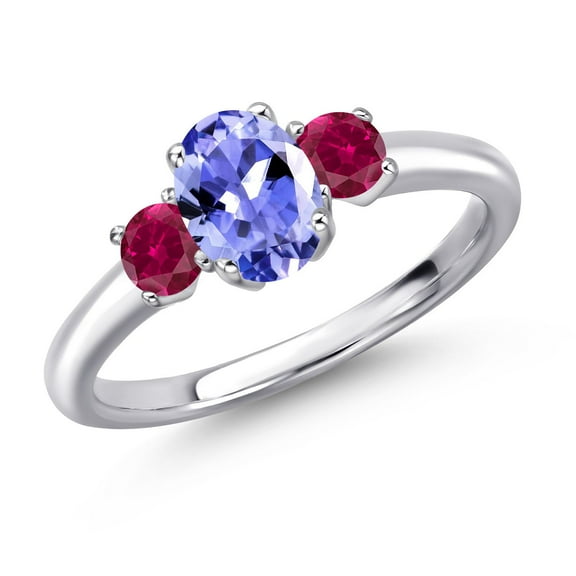 Gem Stone King 925 Sterling Silver Blue Tanzanite and Red Created Ruby Engagement Ring for Women | 1.25 Cttw | Oval 7X5MM | Gemstone December Birthstone | Size 9
