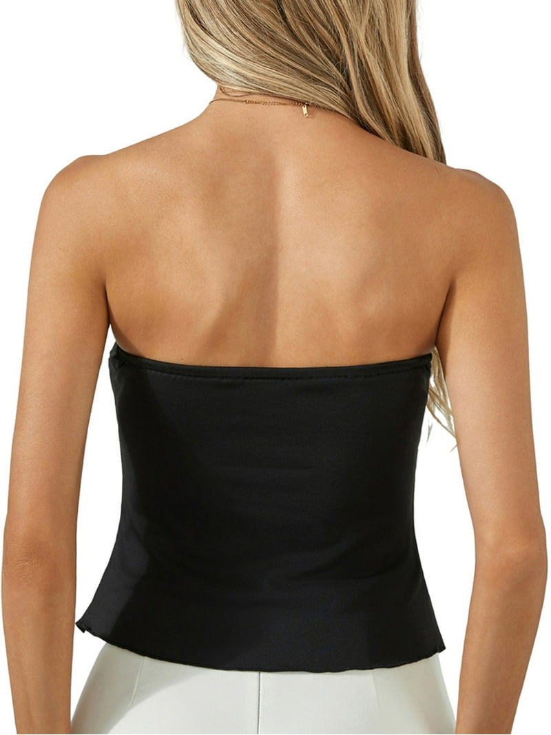 Mevireiy Women Twist Front Tube Top Split Hem Sleeveless Strapless