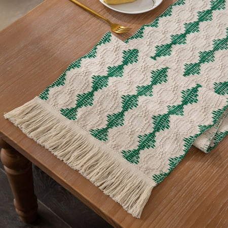 

Christmas Table Runner Cotton Weave Table Runner With Tassel Santa Claus Climbing Rope Doll-Green a-33*220cm