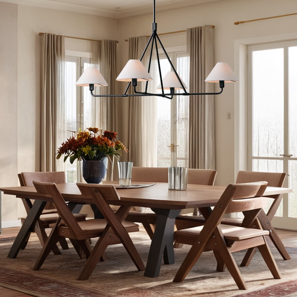 Mid-Century Matte Black  Linen Chandelier 37 Inch ,Conical Ceiling Light with Linen Shade, Natural 4-Light Ceiling Lamp, Organic Ceiling Mounted Light for Living Room, Dining Room