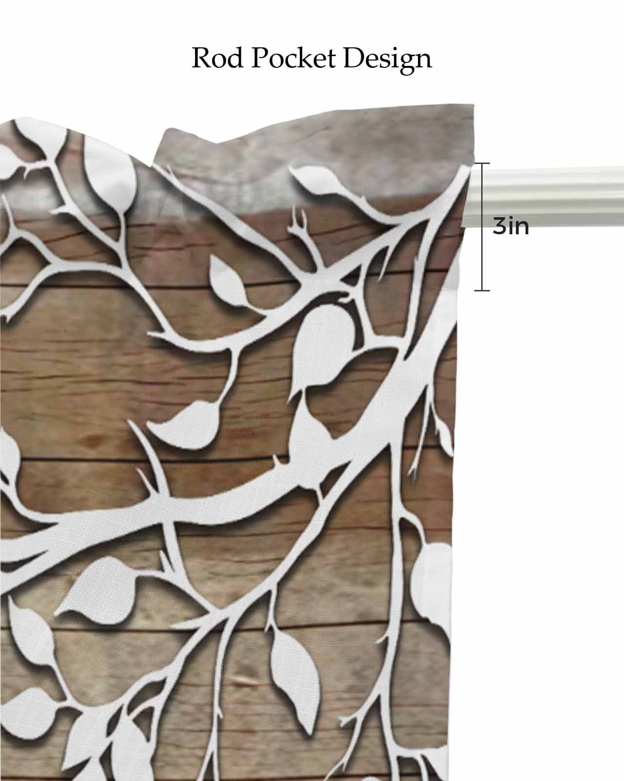 White Branches Kitchen Valances for Windows Farmhouse Linen Window Valance Curtain for Living Room Window Treatment Brown Beige Wooden Grain Valance Rod Pocket Topper Drape, 42 x 18 Inch