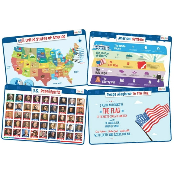 merka Placemats for Kids, 4 Pack Educational Placemat Mat for Dining Table, Non Slip, Washable Reusable, Learning US Presidents, Famous People, Periodic Table of Elements & USA Map v2