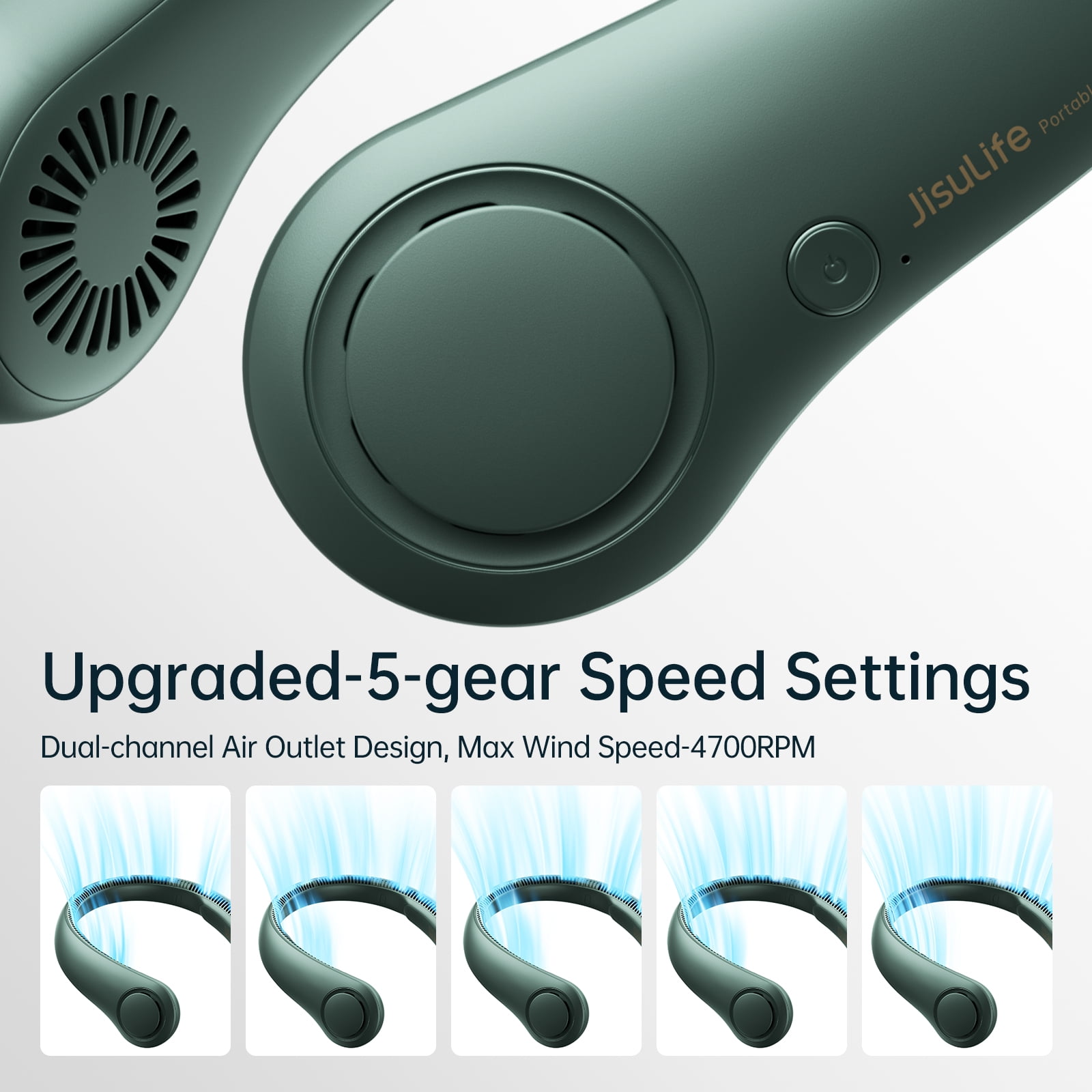 JISULIFE Portable Neck Fan, Rechargeable Wearable Fan, Bladeless Hands-Free Cooling, Quiet 25dB, 5 Speeds, 16H Battery Life, Essential for Indoor/Outdoor, Gift for Women, Men - Green