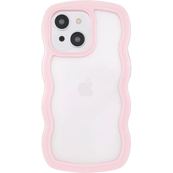 for iPhone 14/13 Case 6.1", Cute Kawaii Glitter Sparking Curly Wave Frame Shape Design, Soft TPU   Hard PC Shockproof Protective Bling Phone Cover for Women Girls, Clear-Pink