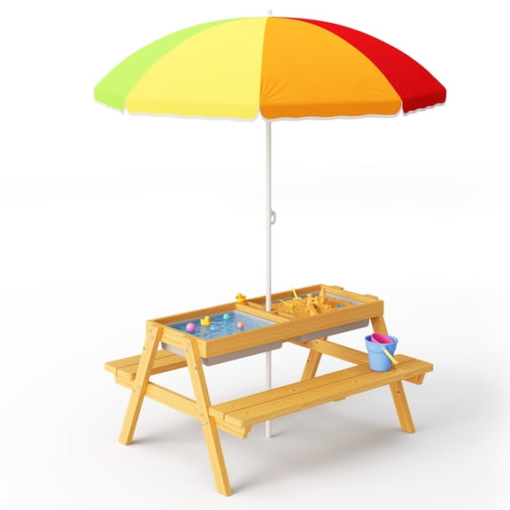 Kids Picnic Table with Umbrella, Noelse Toddler Outdoor Table with Bench, Kids 3-in-1 Sand & Water Table for Outdoor Playset