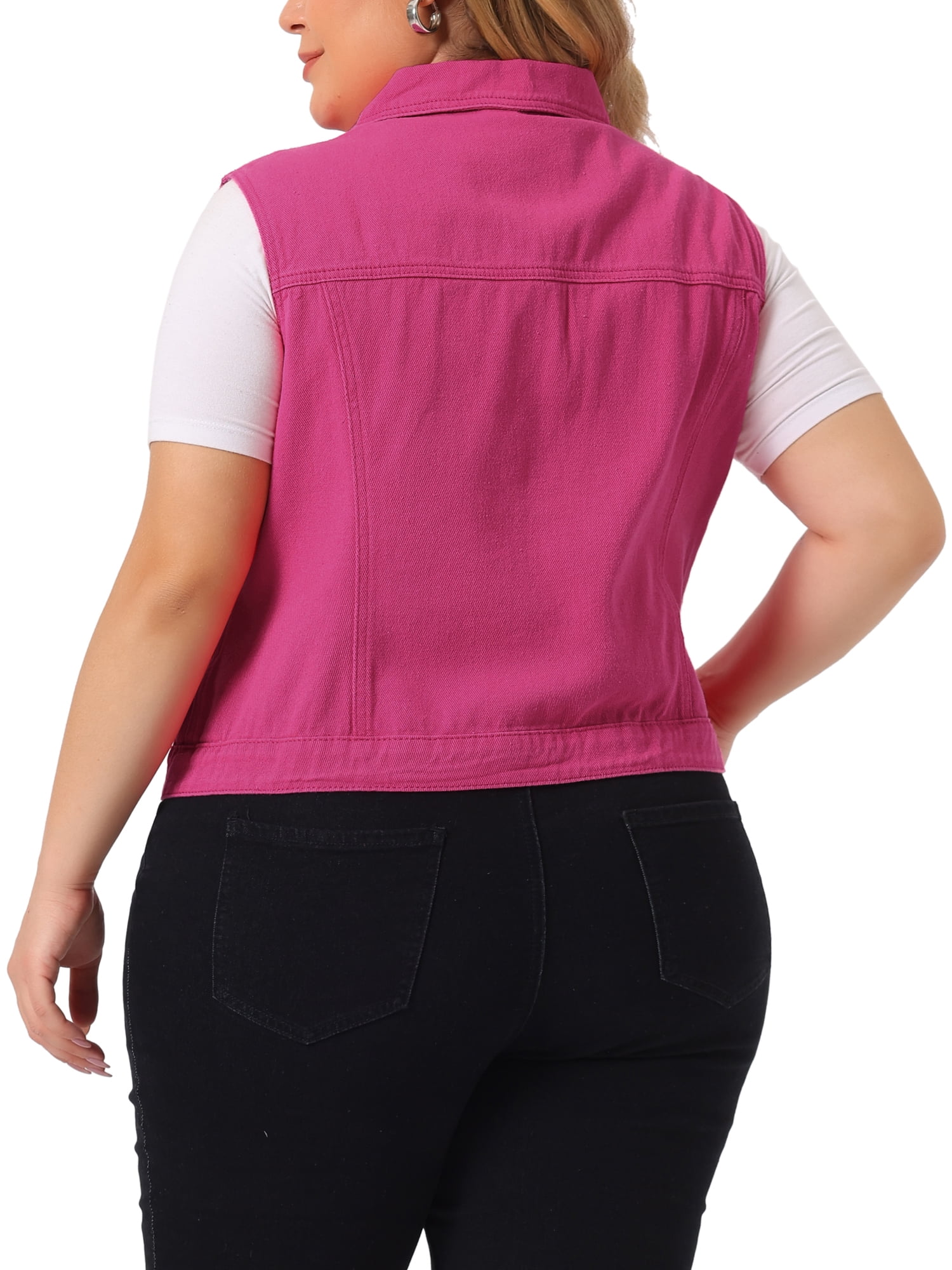 Unique Bargains Women's Plus Size Chest Pockets Single Breasted Denim Sleeveless Jacket