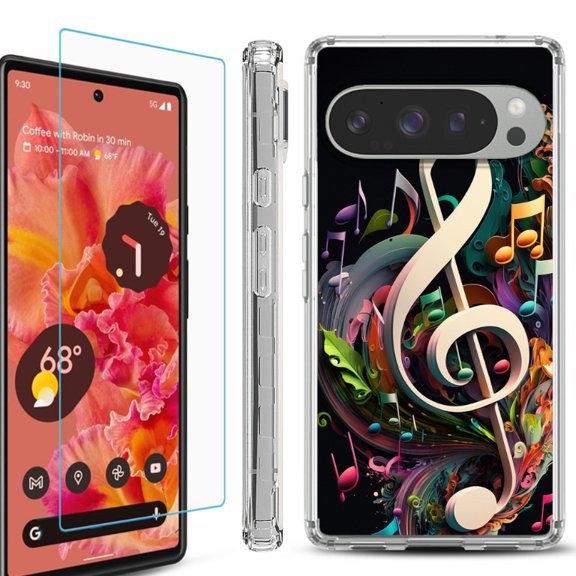 For Google Pixel 9 / 9 Pro Phone Case Cover, Shockproof Bumper Case with Tempered Glass Screen Protector, by OneToughShield - Music Notes Colorful