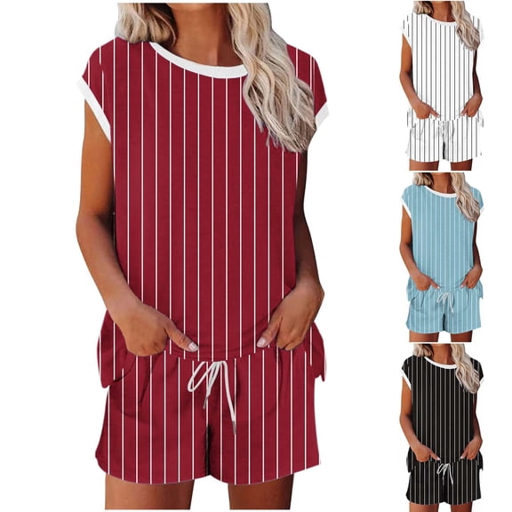 HBGVBA Women 2 Piece Outfits,Casual Matching Set,Striped Print Short Sleeve Round Neck Top Trousers Outfit Set