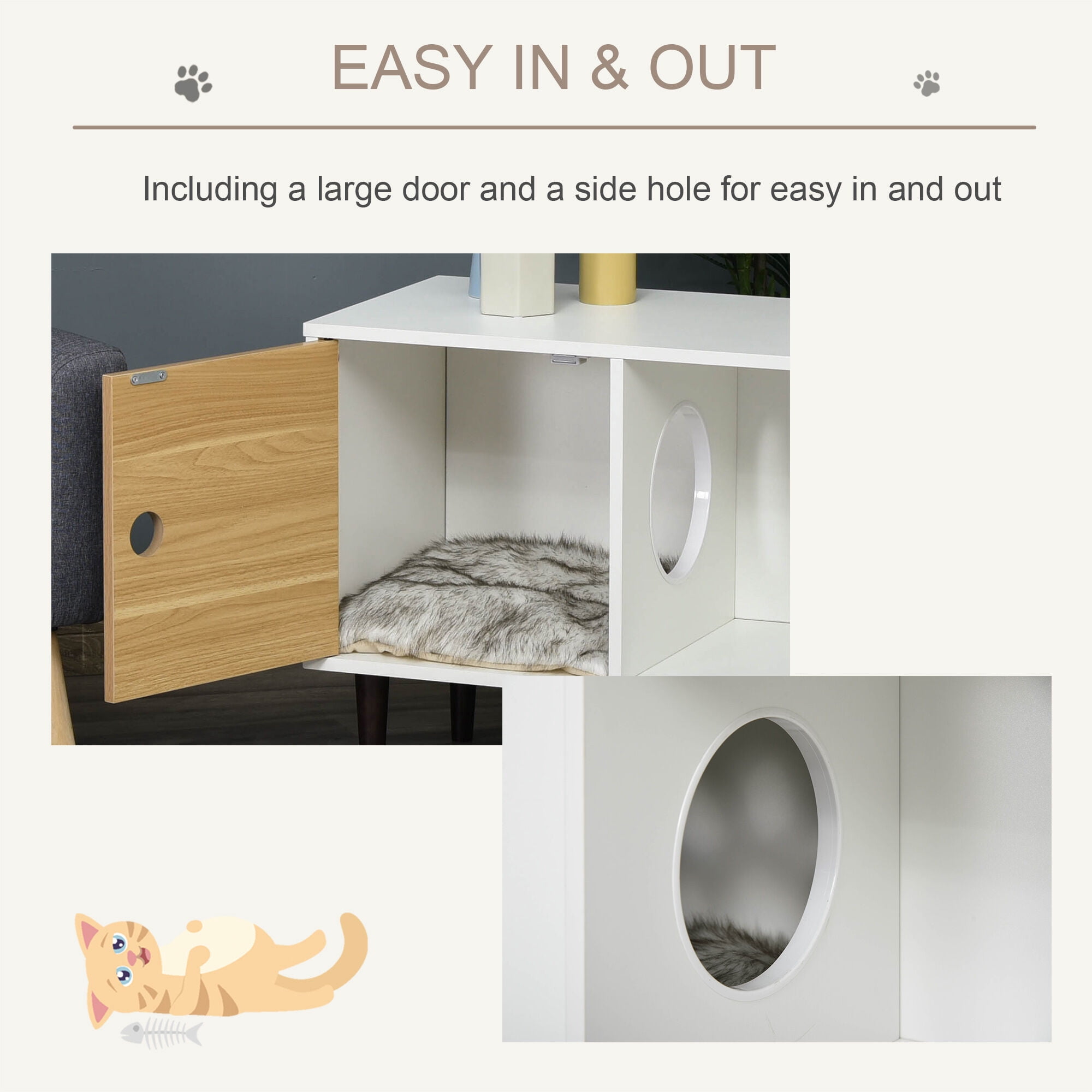 Orthopedic Dog Bed, PawHut Wooden Cat House with Soft Cushion, Decorative Kitten Condo Side Table, Elevated Pet House with Storage Space, White Dog Bed,Wood Cat Bed