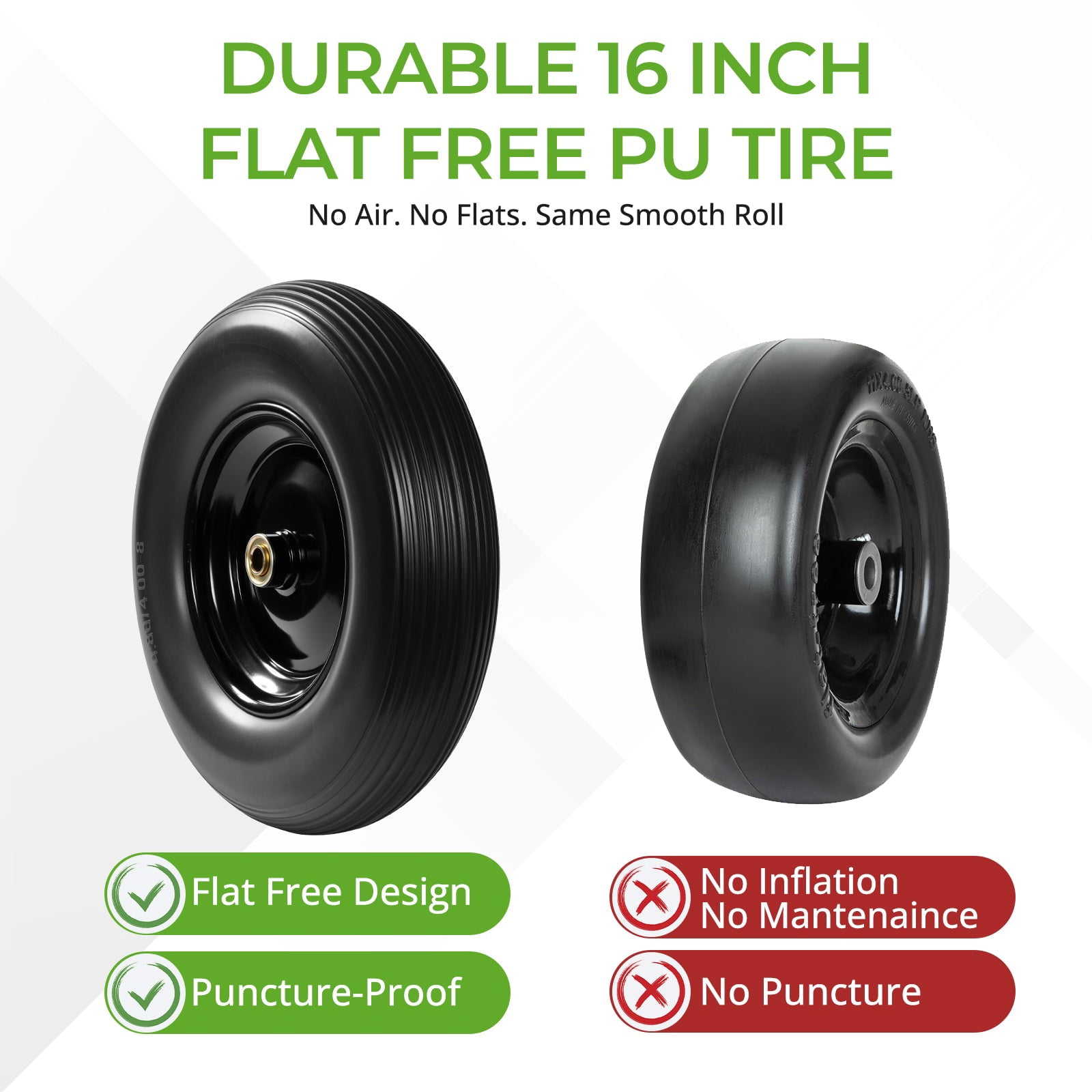 Backyard Expressions 16-Inch Flat-Free PU Tire 2-Pack – Heavy-Duty Solid Poly Wheels with 5/8" & 3/4" Bearings, Spacer Kit & Steel Hubs for Wheelbarrows, Garden Carts, Hand Trucks & Utility Equipment