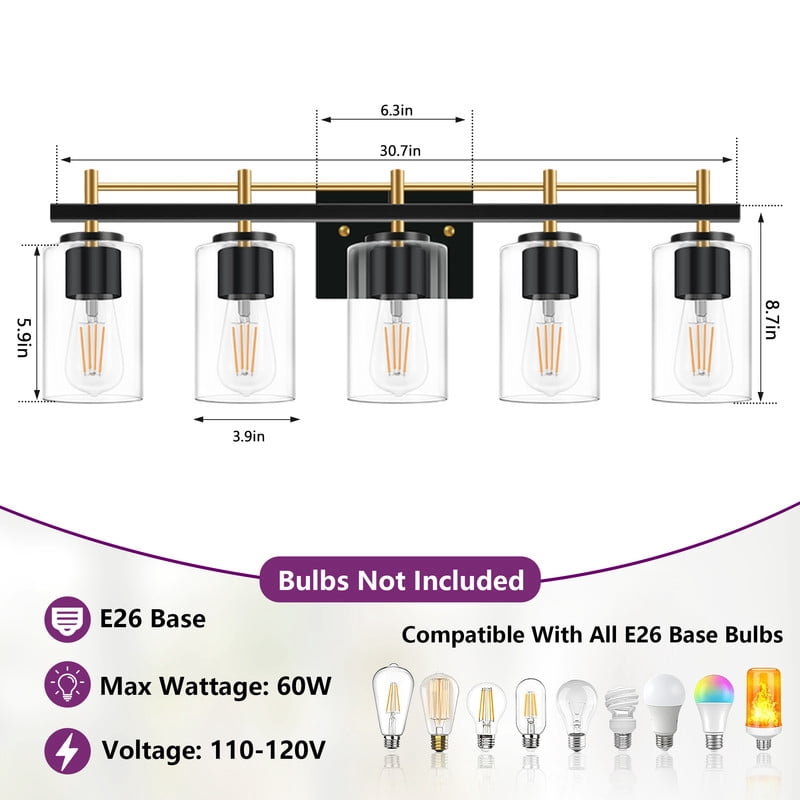 GCGAFUL Bathroom Vanity Light, 30.5 in. 5-Light Matte Black & Gold Modern Wall Sconce with Clear Glass Shade